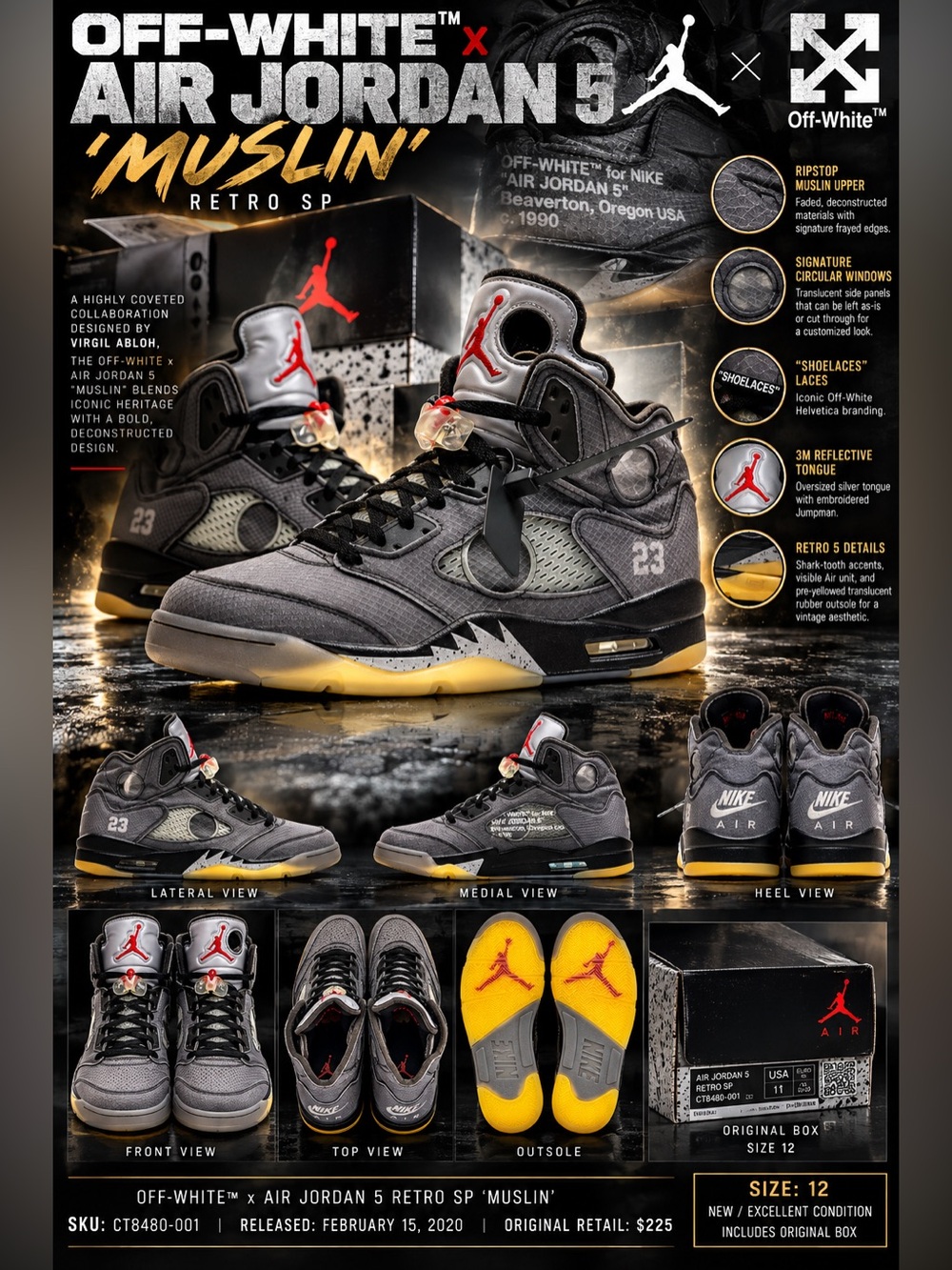 Off-White x Air Jordan 5 Retro SP 'Muslin'🔥New! Size: 12